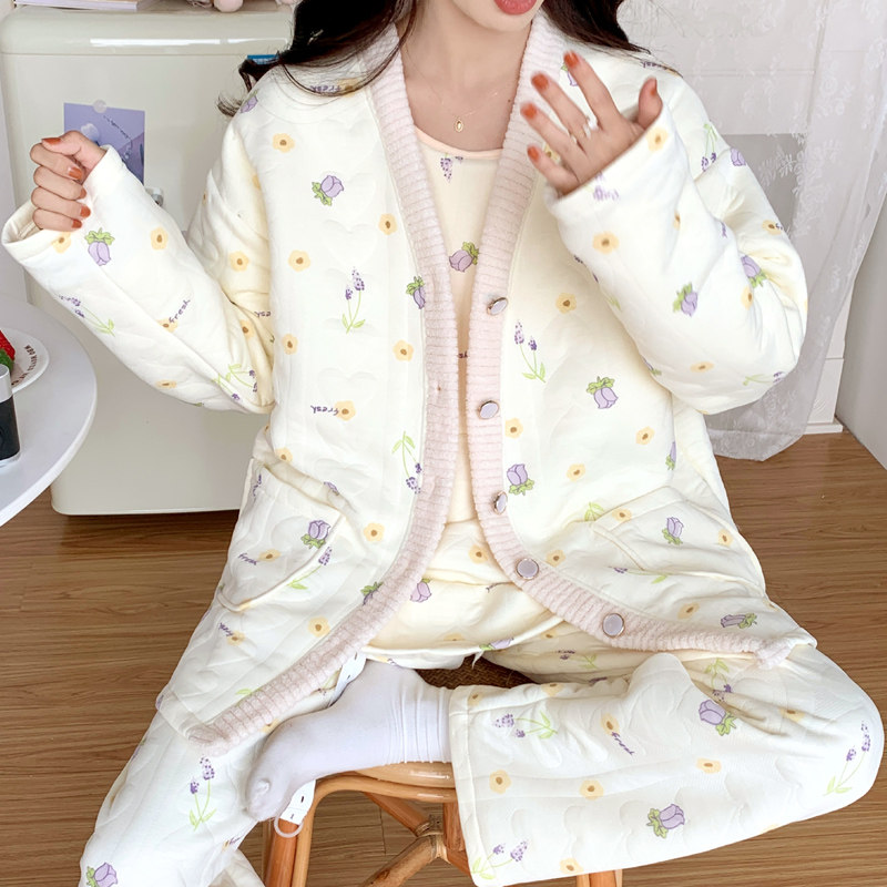 月子服产后哺乳孕妇睡衣春秋冬款产妇纯棉家居服冬季空气棉三件套