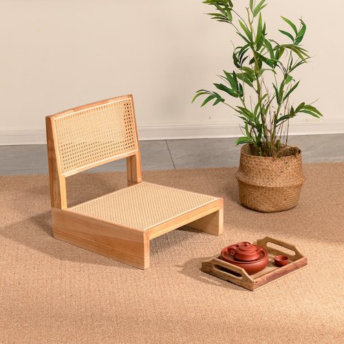 侘寂风藤编榻榻米座椅茶椅飘窗和室无腿日式实木地台靠背矮椅子