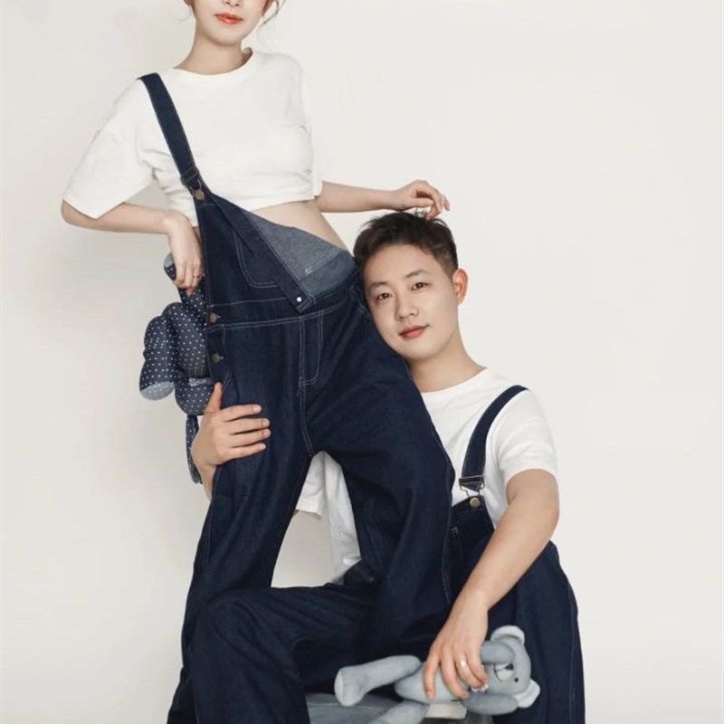 孕妇照片写真服装情侣装牛仔背带裤孕妇情侣夫妻写真拍照主题服装