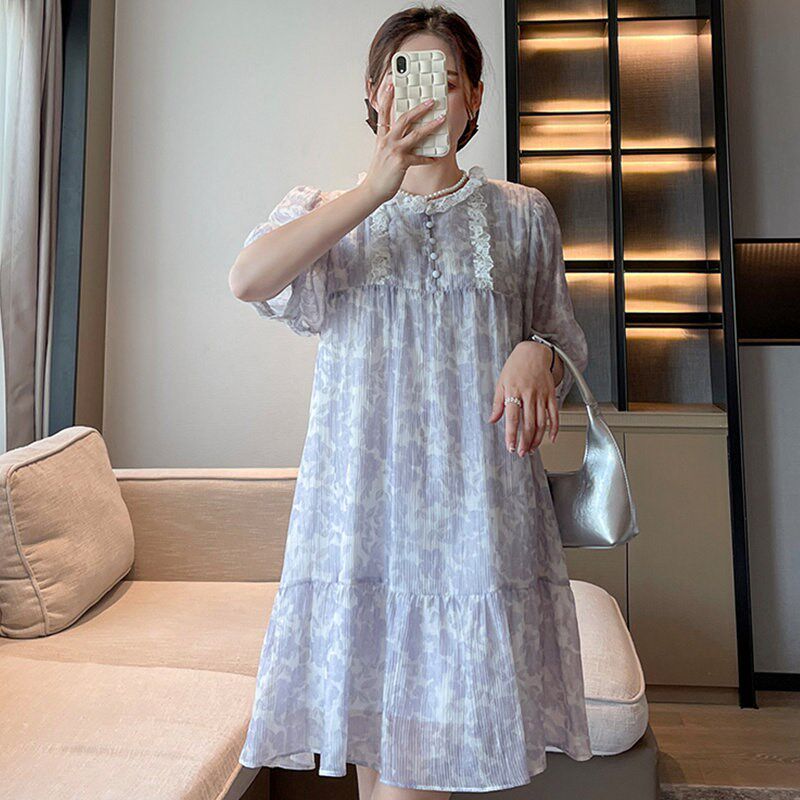 孕妇装夏装时尚中袖碎花雪纺连衣裙宽松大码裙子夏季网红孕妇裙夏