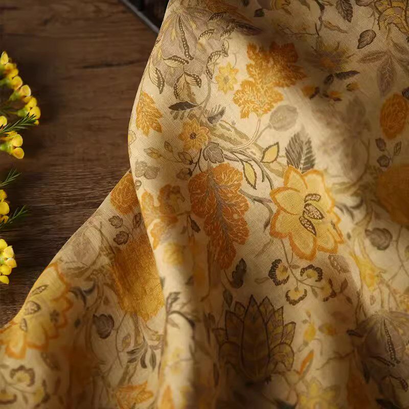纯苎麻印花旗袍服装花鸟黄菊高支布料中式国风旗袍汉服连衣裙面料