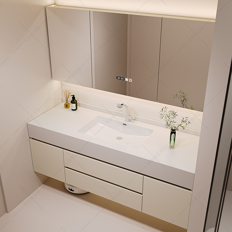 岩板陶瓷一体盆浴室柜奶油风洗漱台简约现代化妆室洗手洗脸盆组合