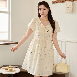 微胖mm纯棉碎花连衣裙2025夏季新款大码女装遮肉显瘦高腰小个子裙