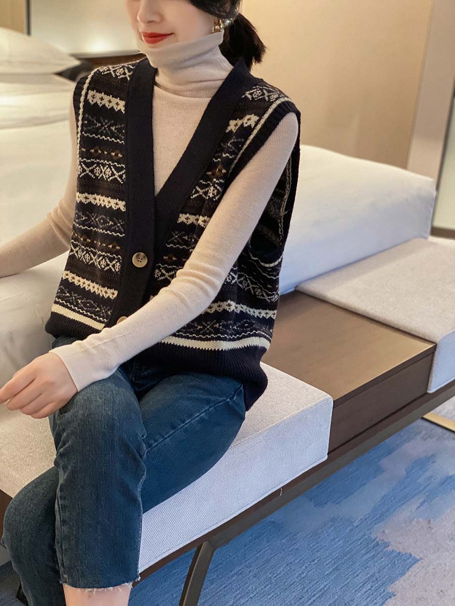 复古针织马甲女春季大码宽松v领毛衣背心外搭坎肩撞色无袖外套潮