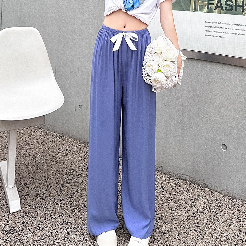 棉绸长裤睡裤女夏人造棉纯色大尺码宽裤春秋家居年轻款外穿九分裤