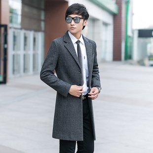 新款春秋冬季男装中青少年毛呢英伦修身中长款韩版男外套大衣风衣