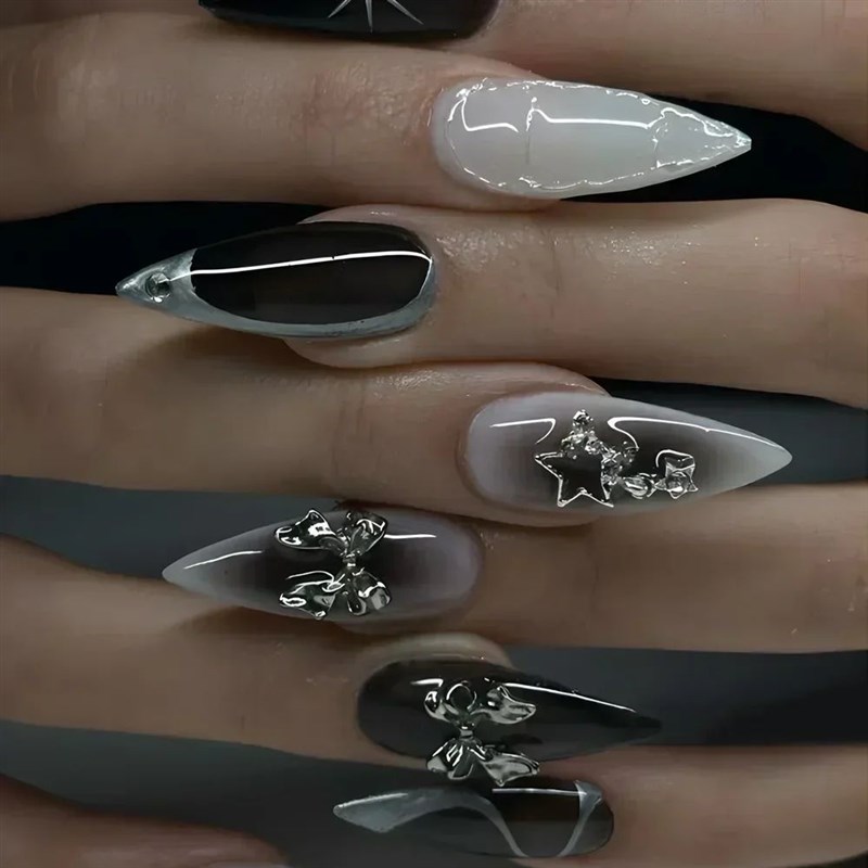 24Pcs Y2k Almondn Acrylic Nails Full Cover 3D Diamond Black