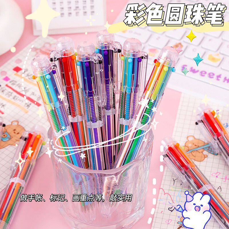 透明6色圆珠笔六色按动彩色笔创意卡通多色绘画油笔学生文具礼品