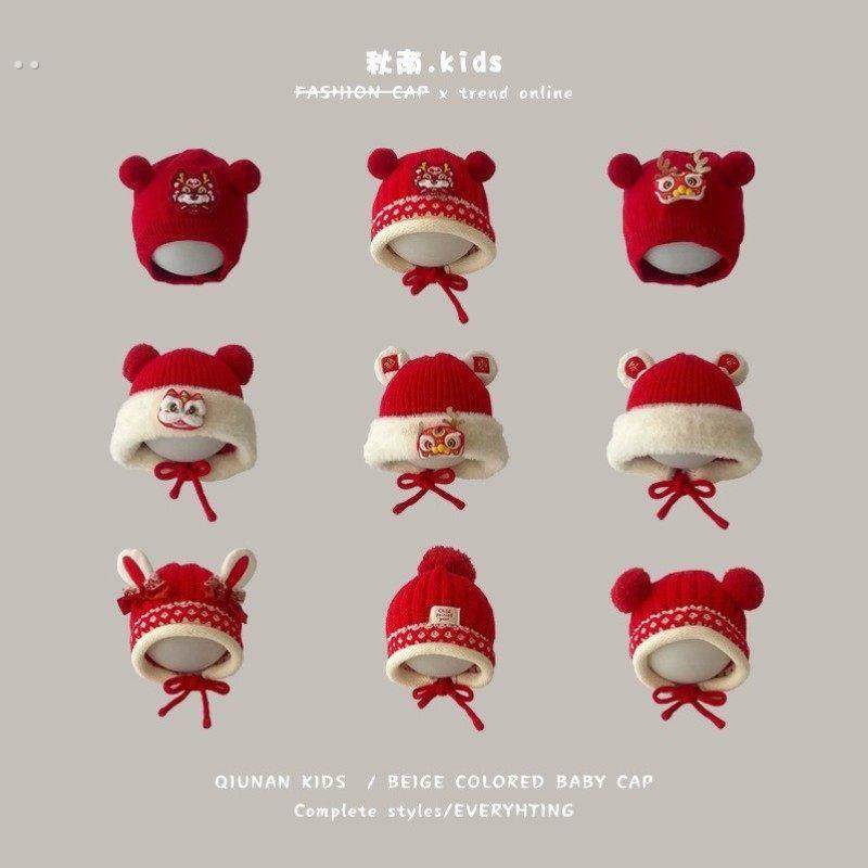 婴儿耶诞帽针织秋冬季洋派红色尖尖系带护耳婴幼儿宝宝护耳帽子针