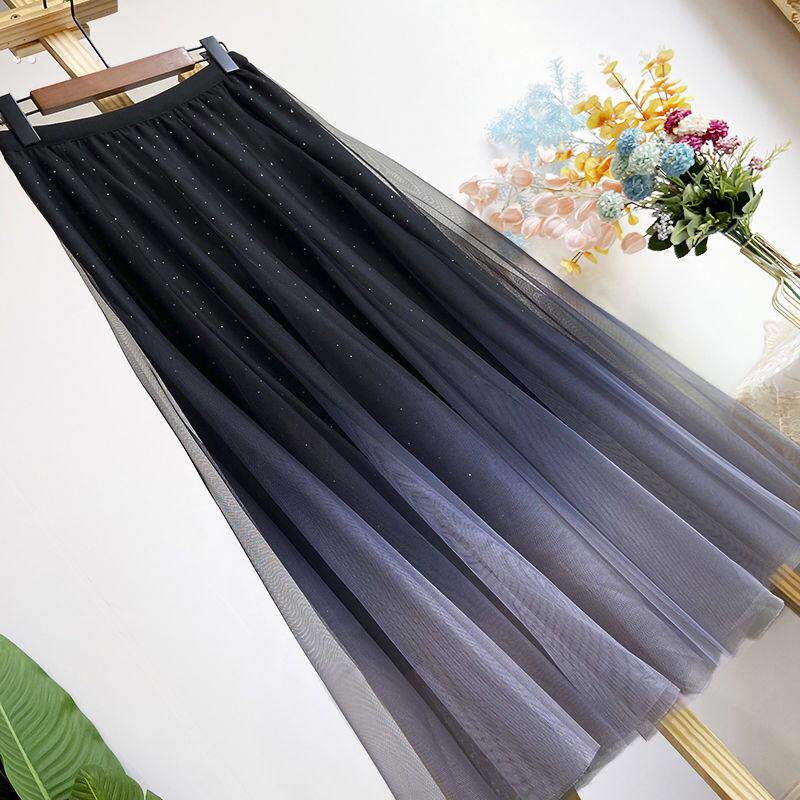 星空闪闪渐变网纱裙女2024新款秋冬半身裙大摆蓬蓬裙半身长裙伞裙