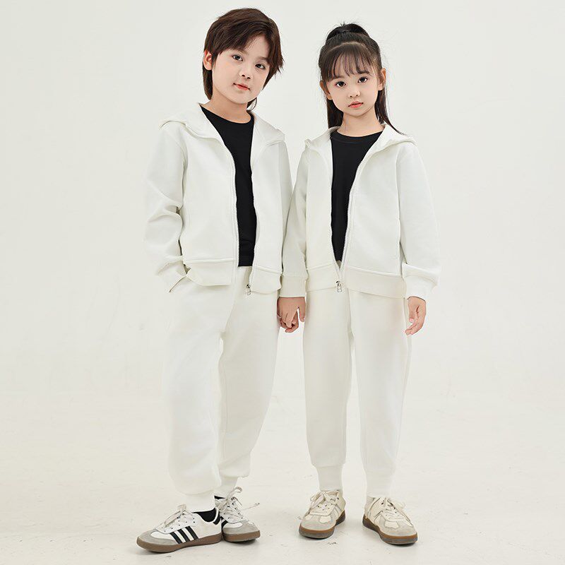 儿童卫衣空气棉男女童纯白色表演班服运动连帽同学聚会团体服外套