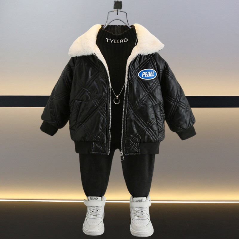 男童加绒皮衣夹克秋冬2023新款儿童铺棉外套小童冬装潮小男孩加厚