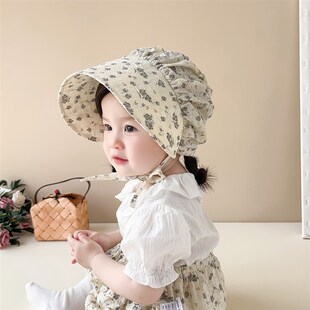 婴儿遮阳帽碎花薄款纯棉大檐防晒小月龄女宝宝帽子短裤防蚊裤春夏