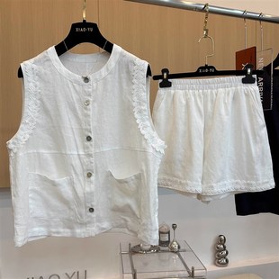 高端欧货夏季新款设计感蕾丝刺绣纯亚麻无袖马甲松紧腰短裤套装女