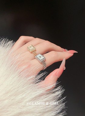 真金电镀锆石方形钟表链条开口戒指时尚百搭食指戒指环个性手饰女