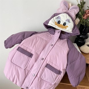 儿童冬装外套宝宝紫色拼色插肩袖连帽中长款羽绒服可爱女童保暖女