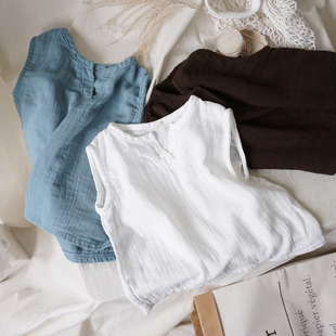 儿童薄款背心男童女童亚麻纱布背心小童婴儿宝宝无袖棉麻上衣夏韩