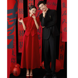 新中式 高级感订婚出阁宴礼服酒红色气质新娘敬酒服裙 旗袍2024新款