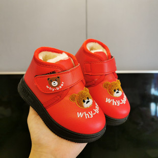 实心底冬季保暖卡通加绒加厚棉鞋皮鞋男童女宝宝鞋子学步鞋休闲
