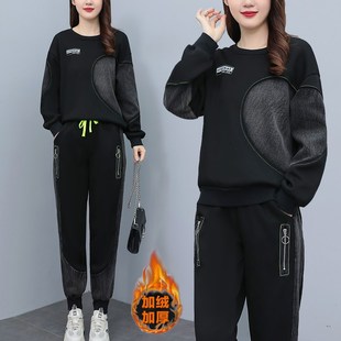 2024加绒加厚卫衣长袖套装女秋冬牛仔拼接休闲运动两件套大码女装