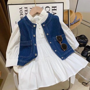 女童套装2023新款春秋女宝宝牛仔马甲连衣裙公主韩版儿童两件套