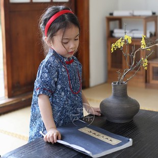 2024夏季新款女童蓝色印花泡泡袖旗袍裙小女孩公主裙女宝中式裙子