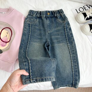 女童牛仔裤2024新款春秋复古深色小童阔腿裤女宝秋冬时尚中童裤子