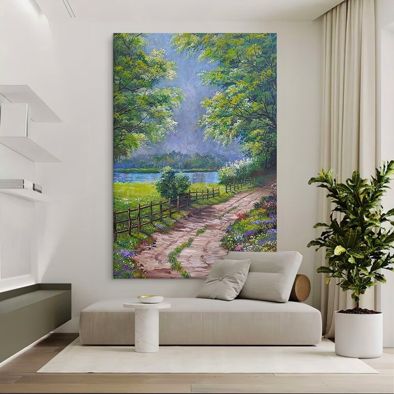 森林小路手绘油画绿色树木玄关装饰壁H画湖泊花卉风景客厅丙烯挂图片