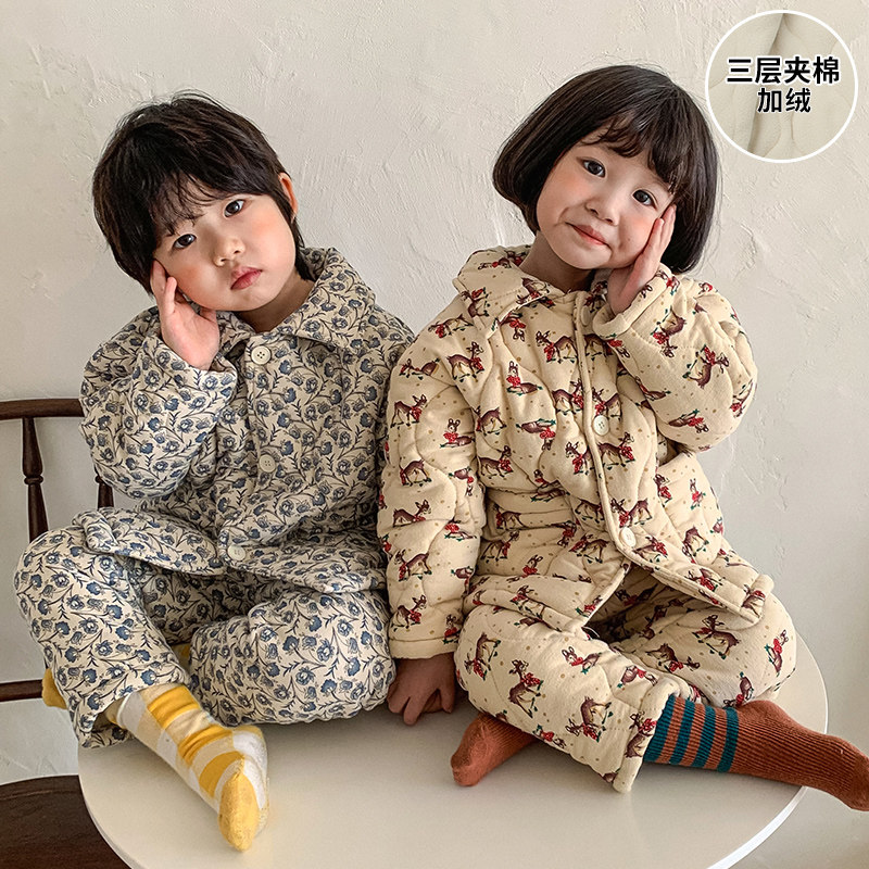 儿童睡衣冬季加厚款小孩女童纯棉宝宝加绒三层夹棉男童家居服套装