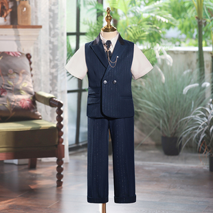 儿童西装套装2024新款夏季主持人礼服男童花童生日钢琴演出服条纹