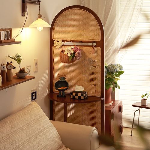 中复古侘寂座屏风玄关入户正对门隔断实木藤编遮挡职务花架可移动