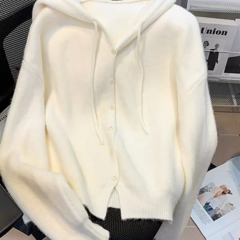 白色针织开衫女秋冬连帽卫衣慵懒风宽松休闲百搭显瘦软糯毛衣外套