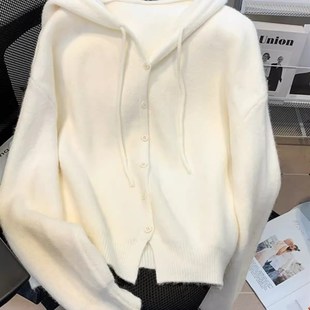 白色针织开衫女秋冬连帽卫衣慵懒风宽松休闲百搭显瘦软糯毛衣外套