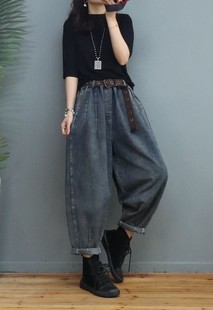 宽松哈伦牛仔裤 百搭显瘦萝卜裤 女2021年秋季 松紧腰老爹裤 新款 时尚