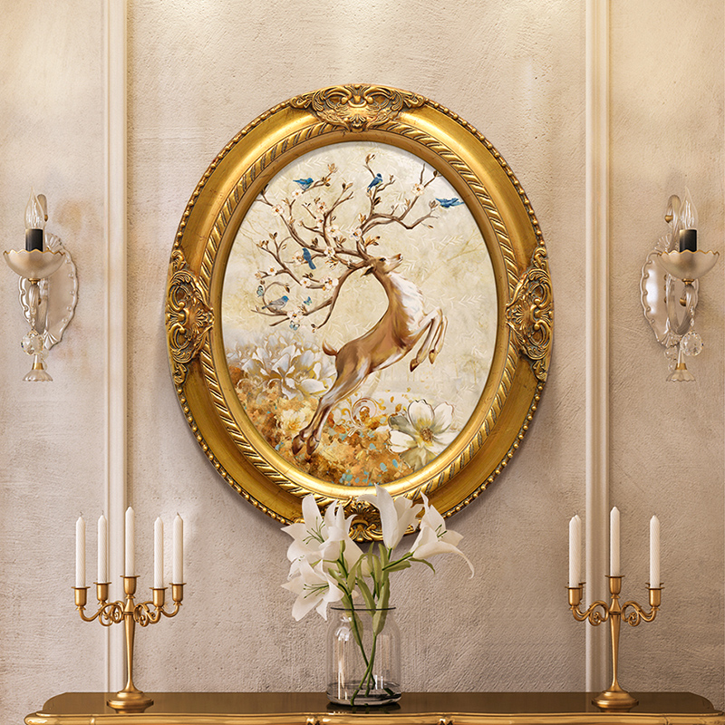 欧式美式招财鹿油画椭圆形壁画客餐厅卧室玄关装饰画动物手绘挂画