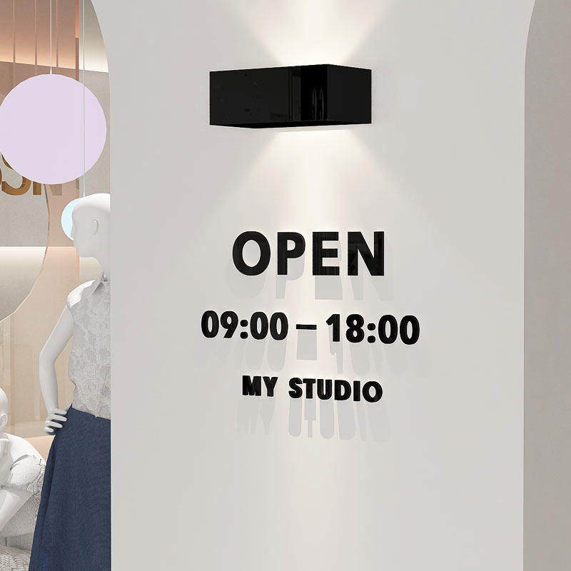 定制店铺门口上班营业时间壁灯下字母汉字英文告示V立体墙贴亚克