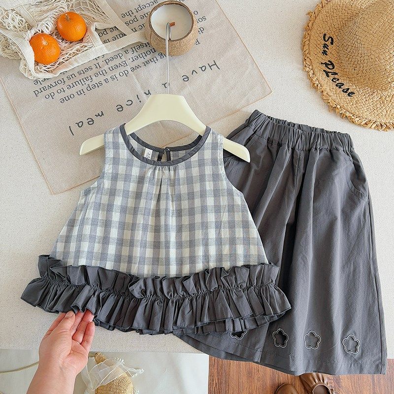 女童套装夏装2025韩版儿童格子甜美木耳边无袖衬衣阔腿裤两件套潮
