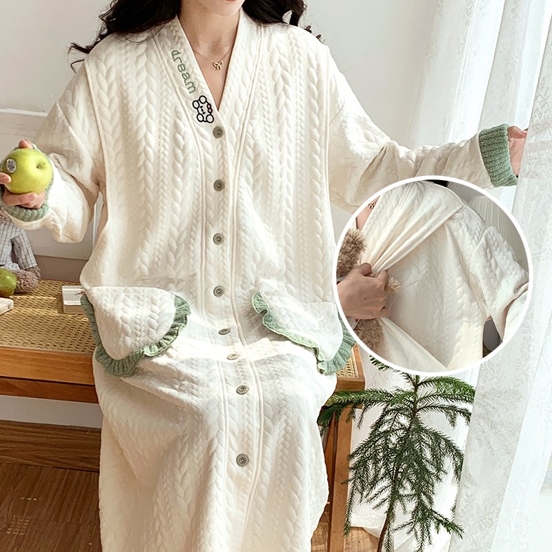 带胸垫孕妇空气棉进产房待产睡衣秋冬季产后哺乳期喂奶睡裙加裤子