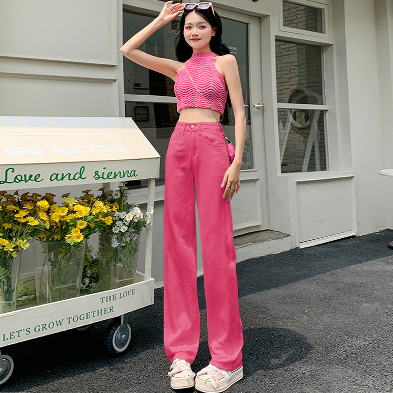 玫红色阔腿牛仔裤女夏2025新款韩版高腰小个子宽松显瘦拖地直筒裤