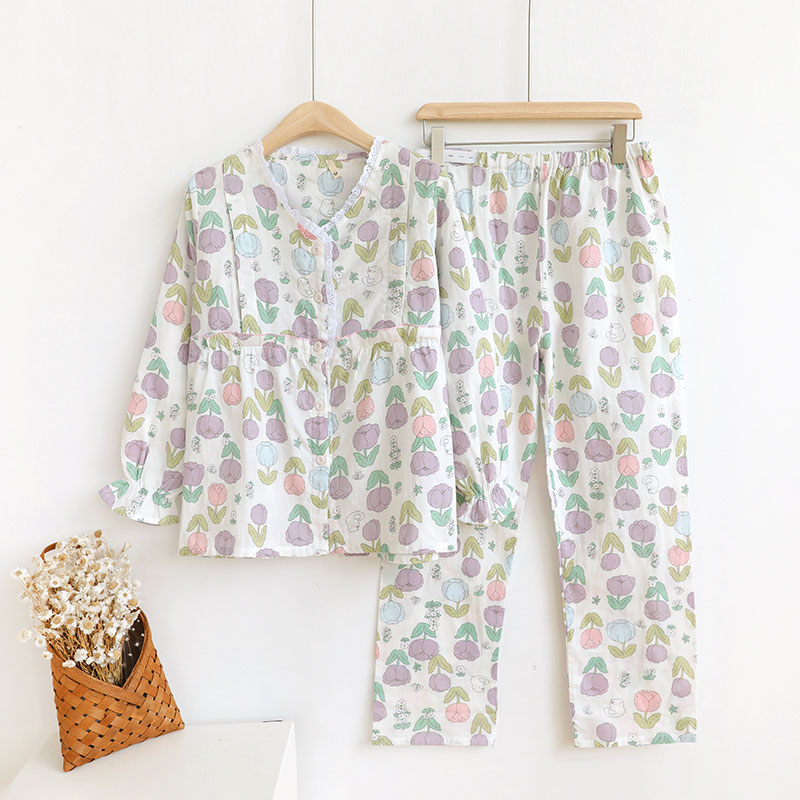 双层纯棉纱布孕妇哺乳睡衣女产妇月子服春秋夏季产後哺乳家居服
