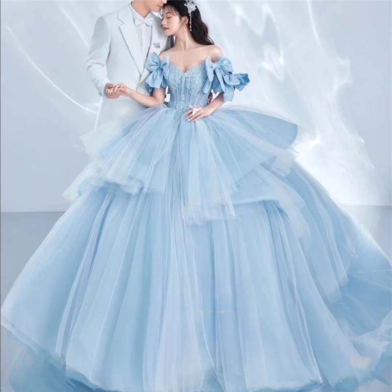 影楼主题摄影写真蓝色婚纱蛋糕裙高级感蓬蓬裙重工公主范新款礼服