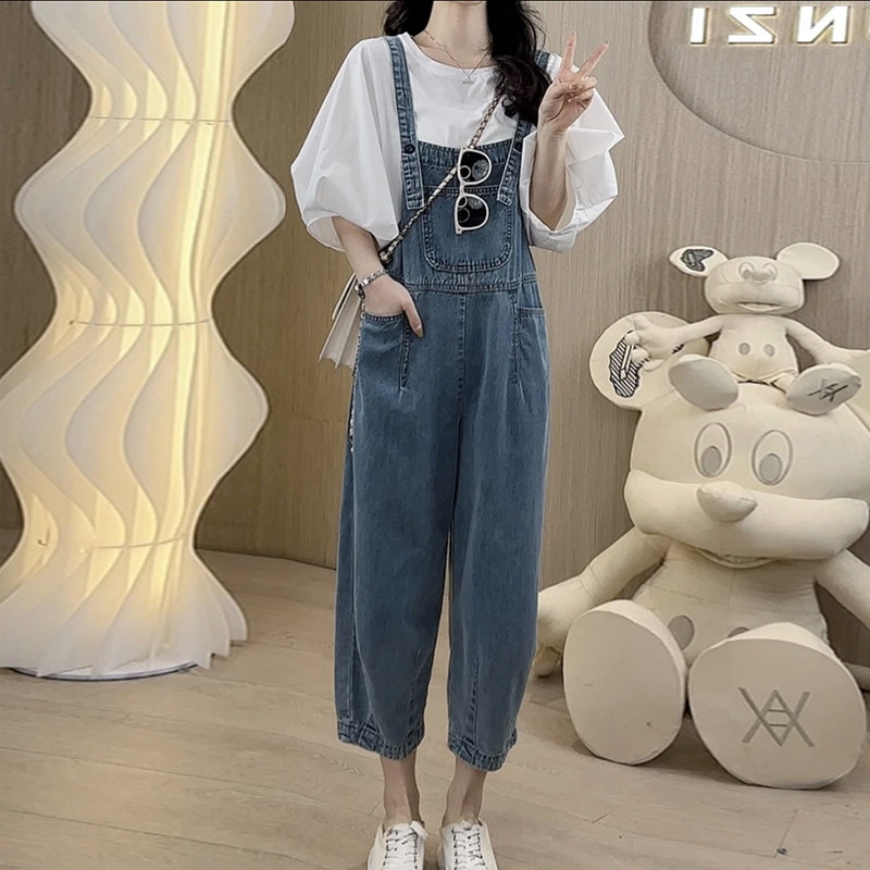 春夏衬衣牛仔背带裤套装女2025新款初高中学生韩版修身休闲两件套