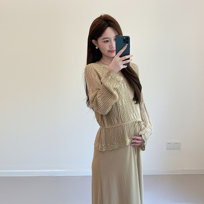 孕妇装早秋新款设计感镂空针织衫上衣抽绳罩衫吊带连衣裙两件套装