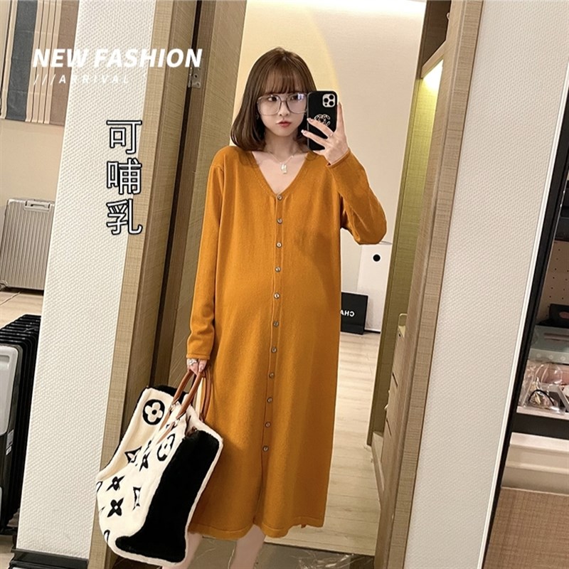 孕妇装秋冬季新款韩版时尚气质解扣哺乳百搭打底中长款针织连衣裙