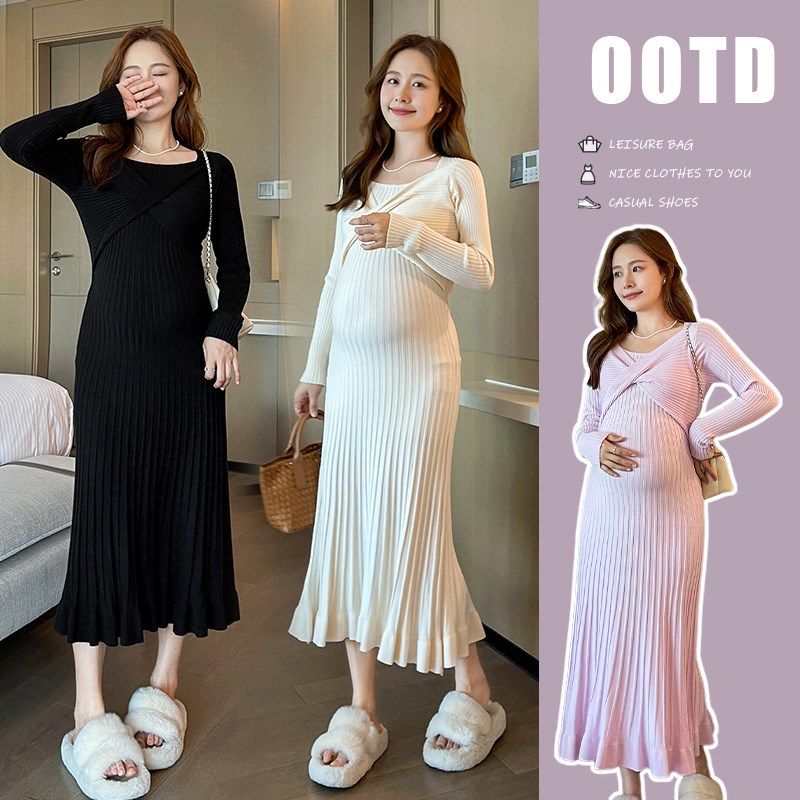 孕妇装秋冬装设计感长袖针织连衣裙2024新款孕妇裙秋装怀孕裙子秋