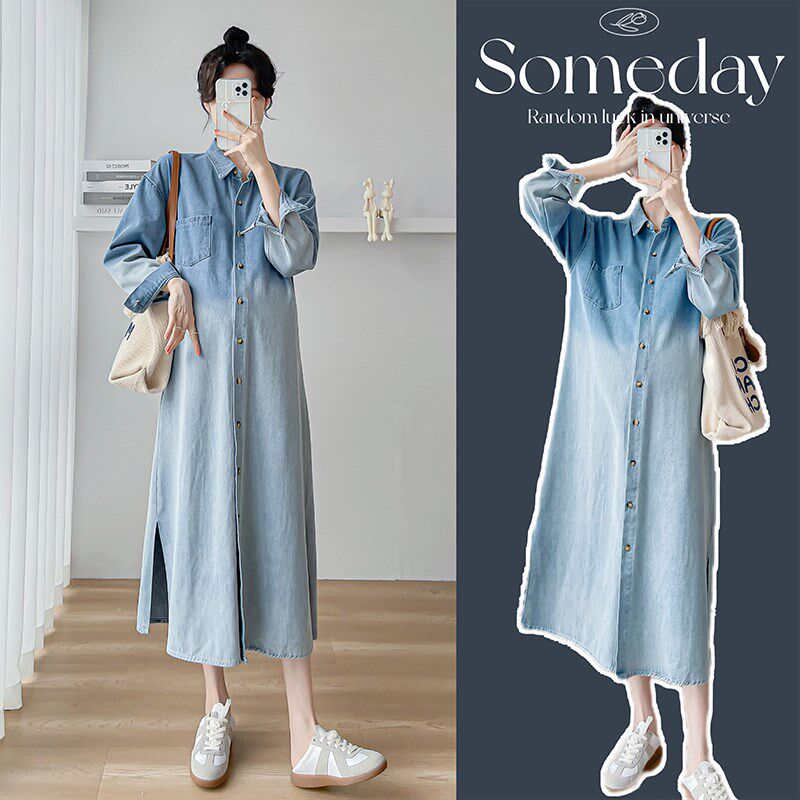 孕妇装春季新款长袖渐变色牛仔衬衫裙大码中长款宽松过膝连衣裙潮