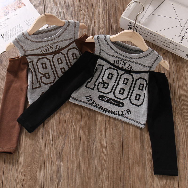 女童长袖T恤纯棉2023新款春秋装韩版修身打底衫儿童露肩短款上衣