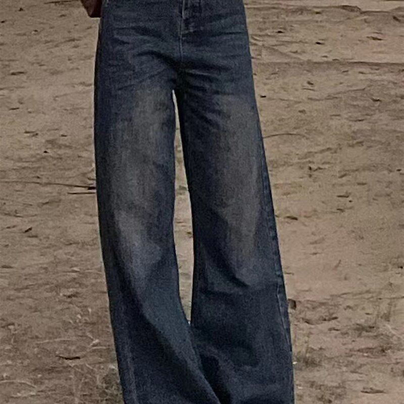 美式复古蓝灰色直筒牛仔裤高腰微喇叭阔腿裤宽松黄泥拖地长裤子女