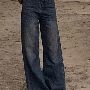 美式复古蓝灰色直筒牛仔裤高腰微喇叭阔腿裤宽松黄泥拖地长裤子女