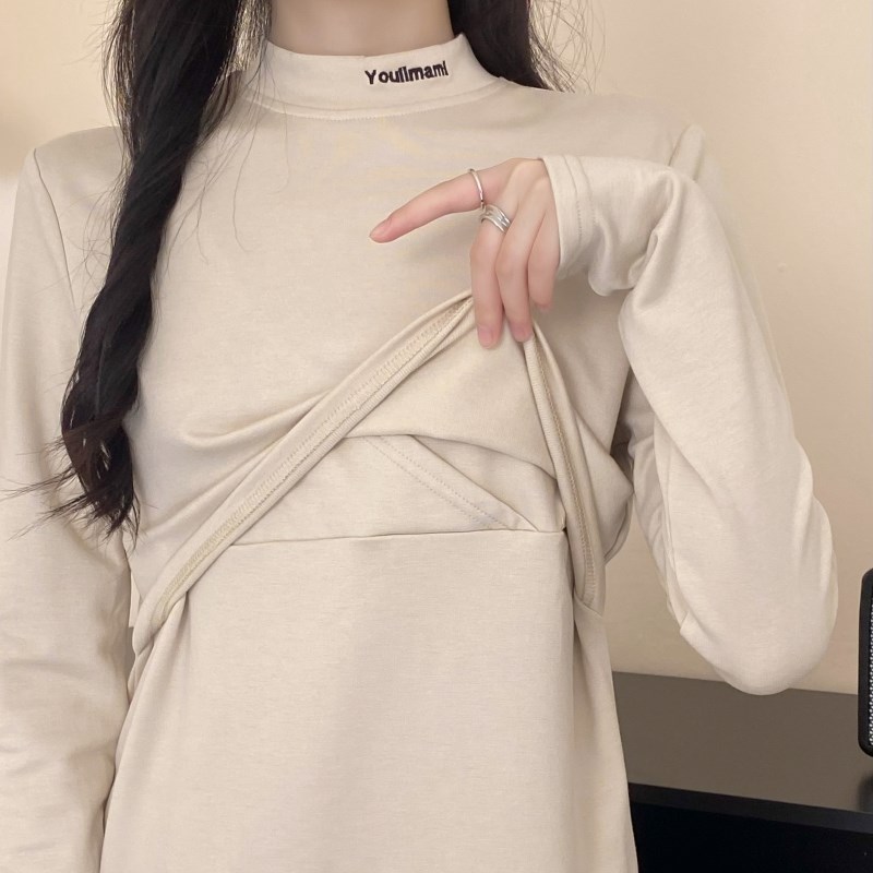 辣妈秋款哺乳衣打底衫女内搭春秋冬季半高领长袖T恤气质喂奶上衣